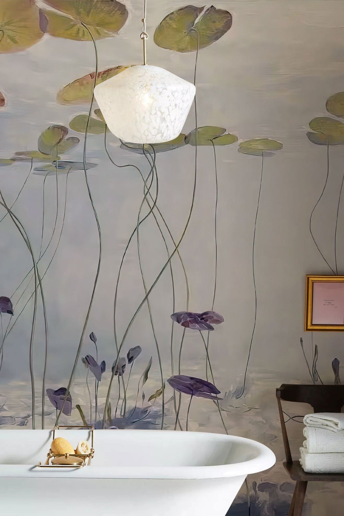 Serene Underwater Lotus Garden Mural in bathroom, featuring bathtub, chair, and pendant light.