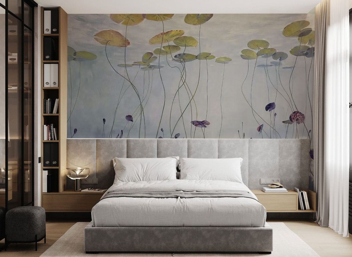 Serene Lotus Garden mural wallpaper in bedroom with grey bed, wooden shelves, soft lighting, contemporary decor.