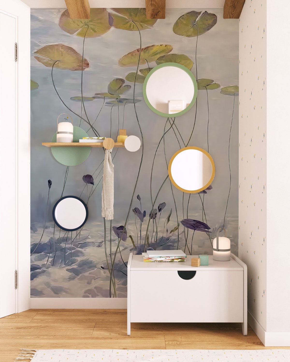 Serene Underwater Lotus mural in soft tones with light wood flooring, modern white storage bench, round mirrors.