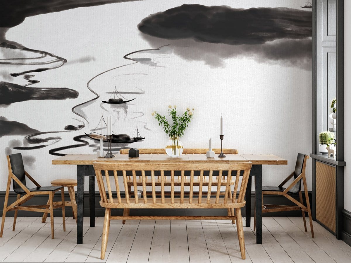 Dining room with Serene Monochrome River Scene Mural, wooden furniture, light flooring, modern decor elements.