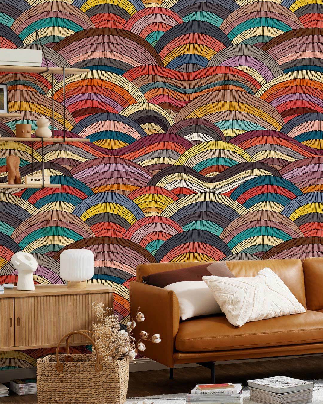 Multicoloured Vintage Arch Pattern Mural Wallpaper, retro chic sofa, wooden furniture, modern living room.
