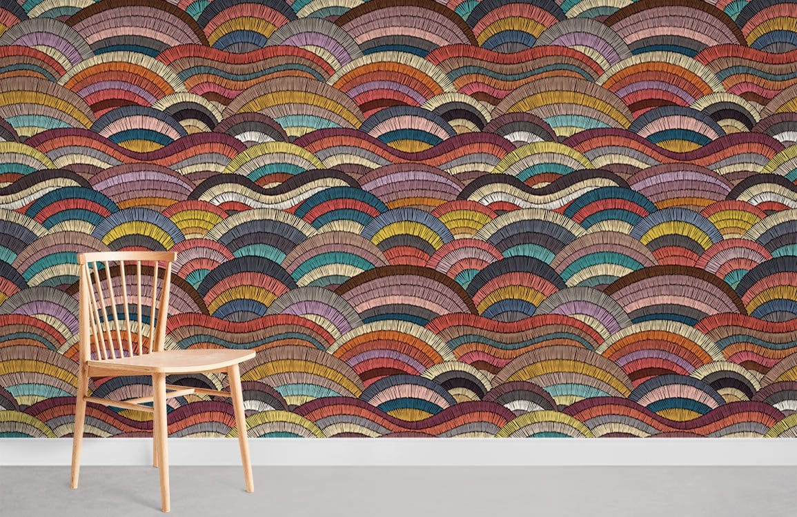 Multicoloured vintage arch mural wallpaper, retro decor, wooden chair, and neutral flooring in living room.