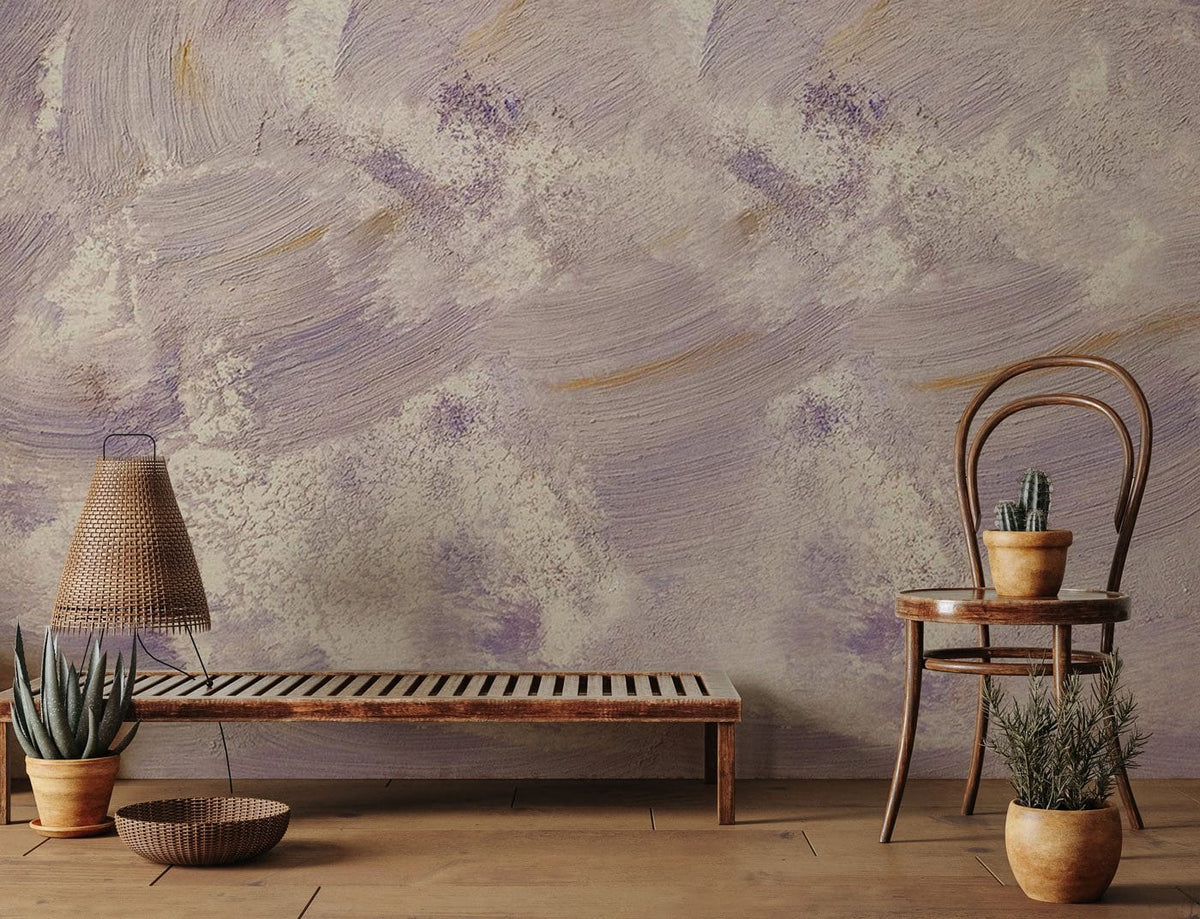 Lavender and cream abstract mural wallpaper with wooden bench, chair, and textured flooring in serene room.