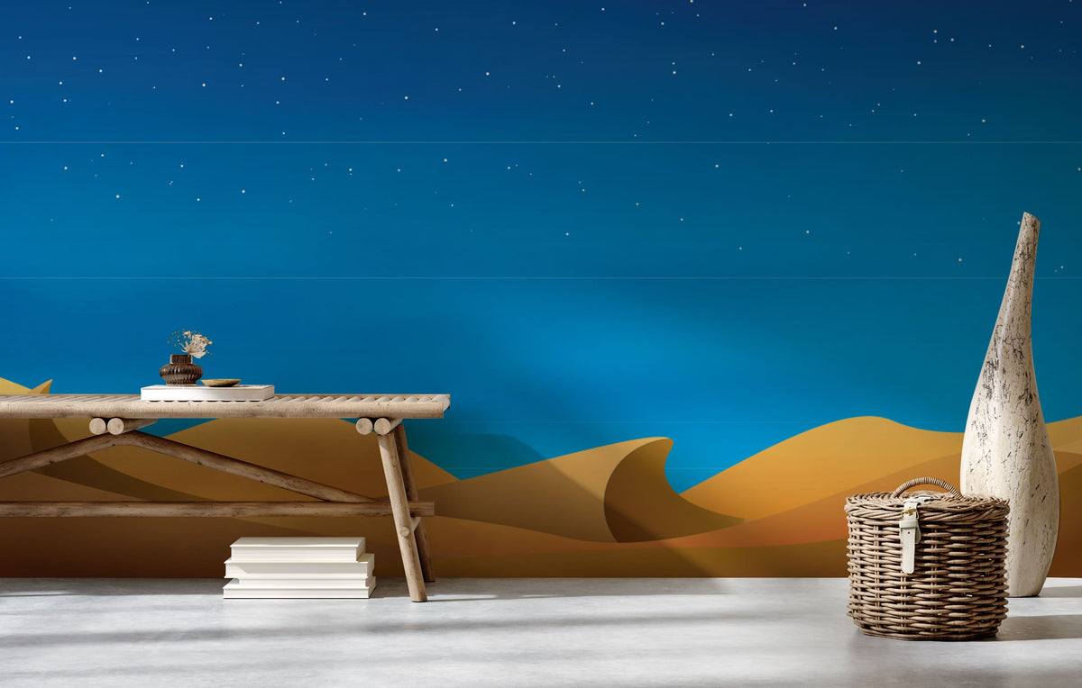 Desert Night Sky Mural Wallpaper with natural wood bench; neutral flooring in modern living room setting.