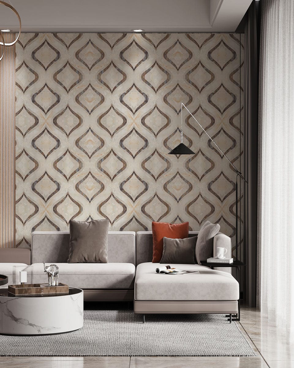 Elegant beige geometric wallpaper accentuating modern lounge with grey sofa, marble coffee table, and rug.