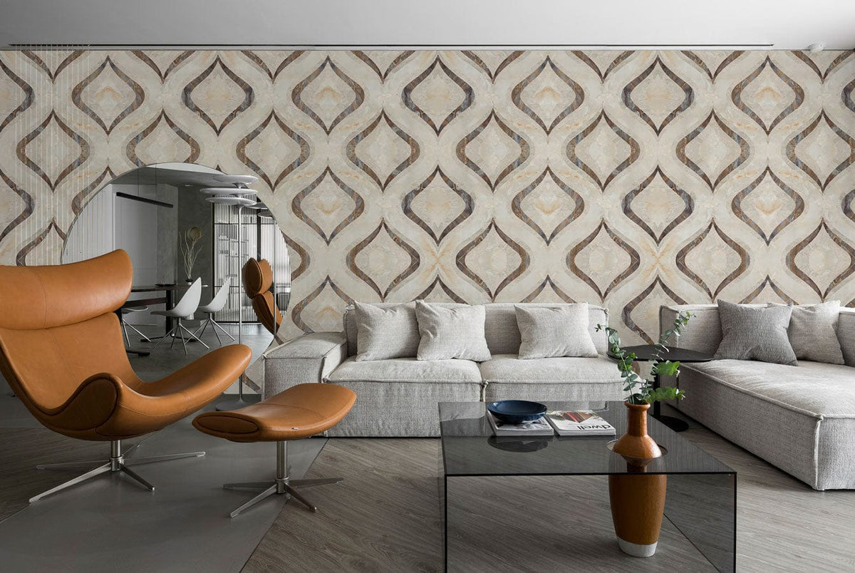 Elegant beige geometric wallpaper in modern living room, grey sofa, brown chair, glass table, wood flooring.