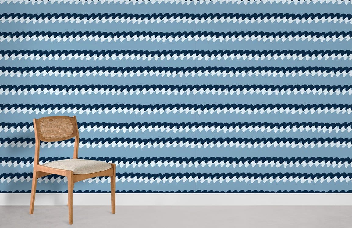 Blue Wave Patterned Striped Wallpaper in coastal home, featuring wooden chair, white flooring.