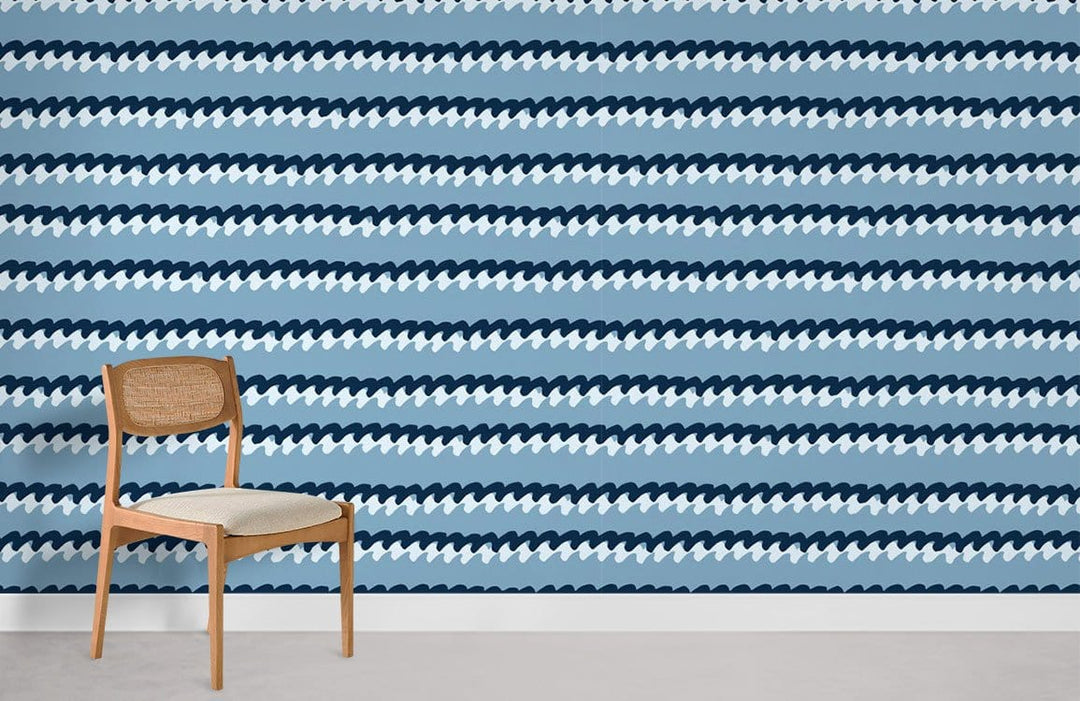 Blue Wave Patterned Striped Wallpaper in coastal home, featuring wooden chair, white flooring.