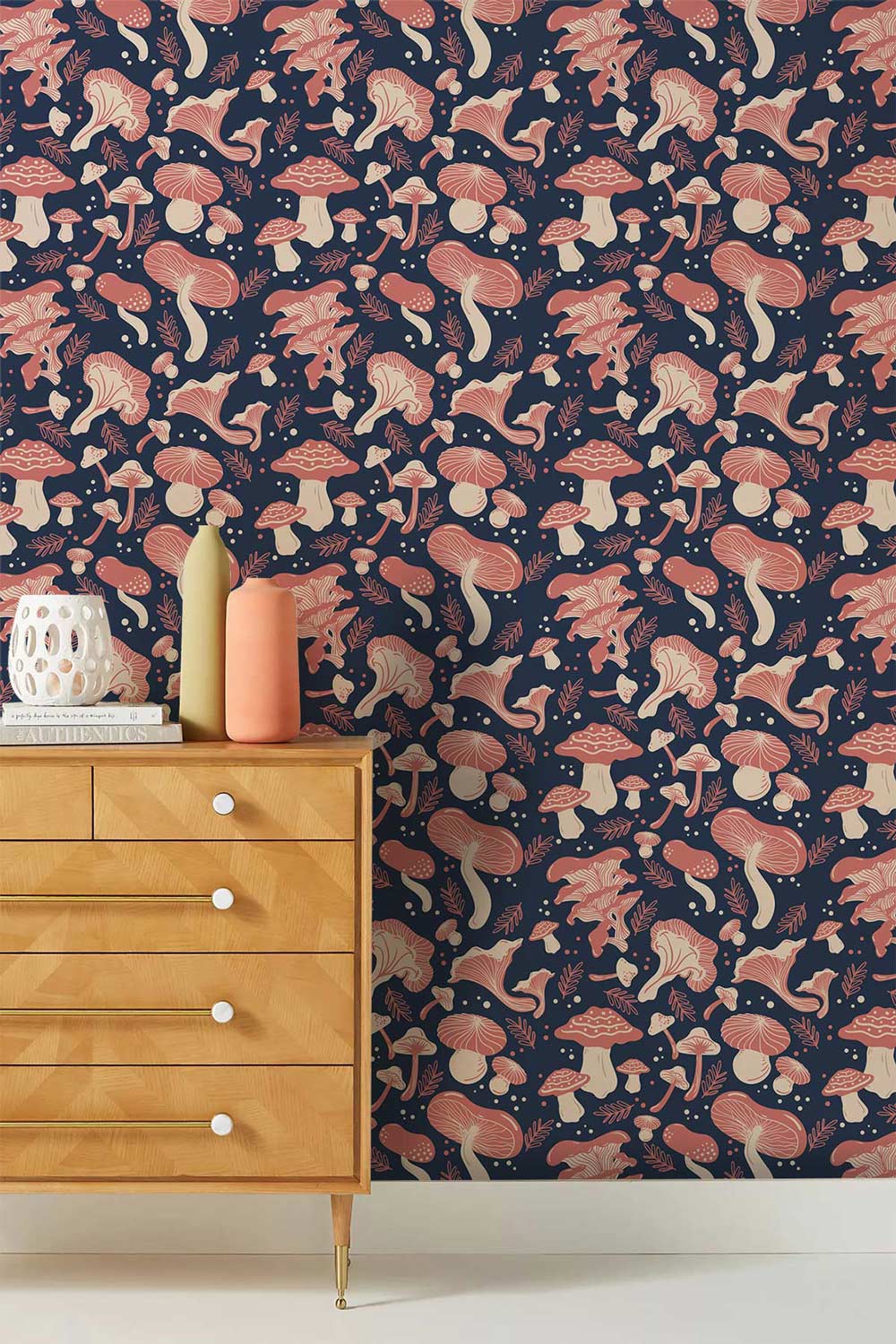 Whimsical pink mushroom wallpaper, enchanting forest d\écor, wooden chest of drawers, modern style room.