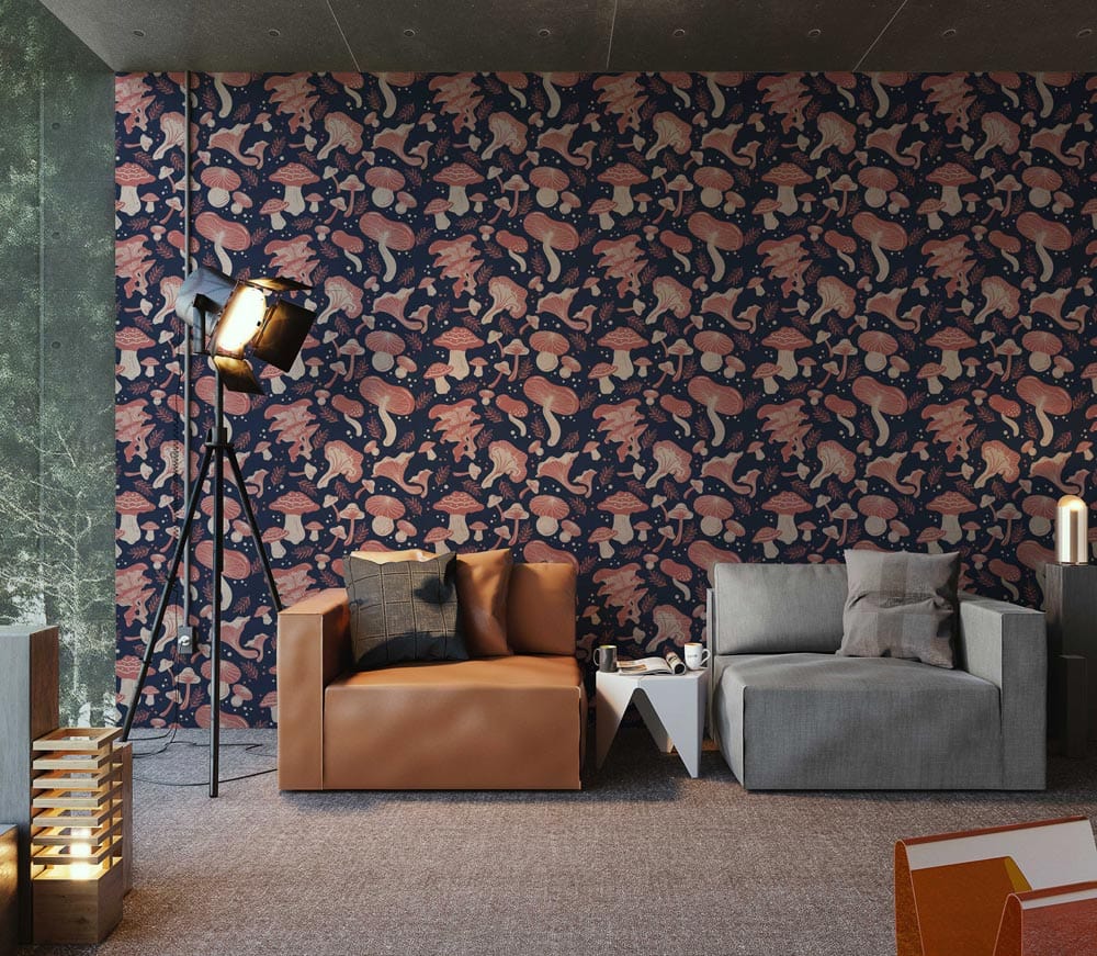 Whimsical pink mushroom wallpaper in living room, featuring brown and grey sofas, grey carpet flooring.