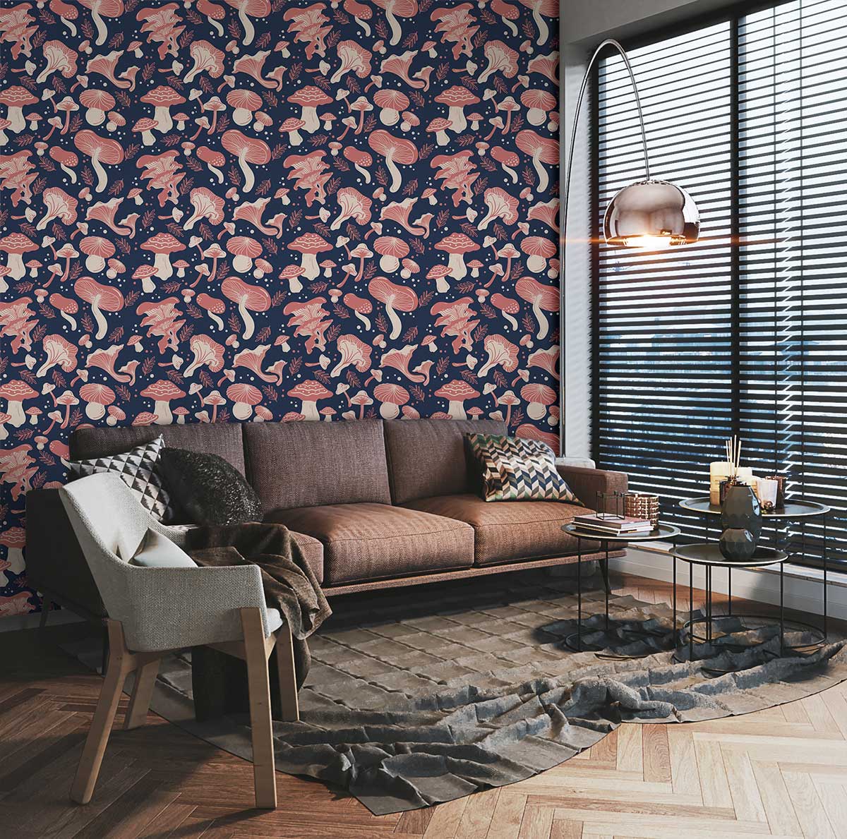 Whimsical Pink Mushroom Wallpaper in cosy living room with brown sofa, grey chair, and wood flooring.