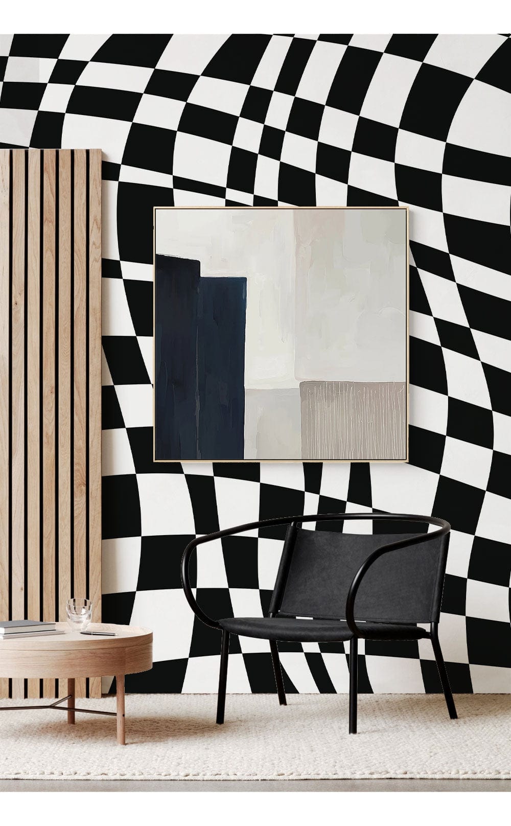 Monochrome wavy checkered wallpaper in modern sitting room, featuring black chair and abstract artwork.