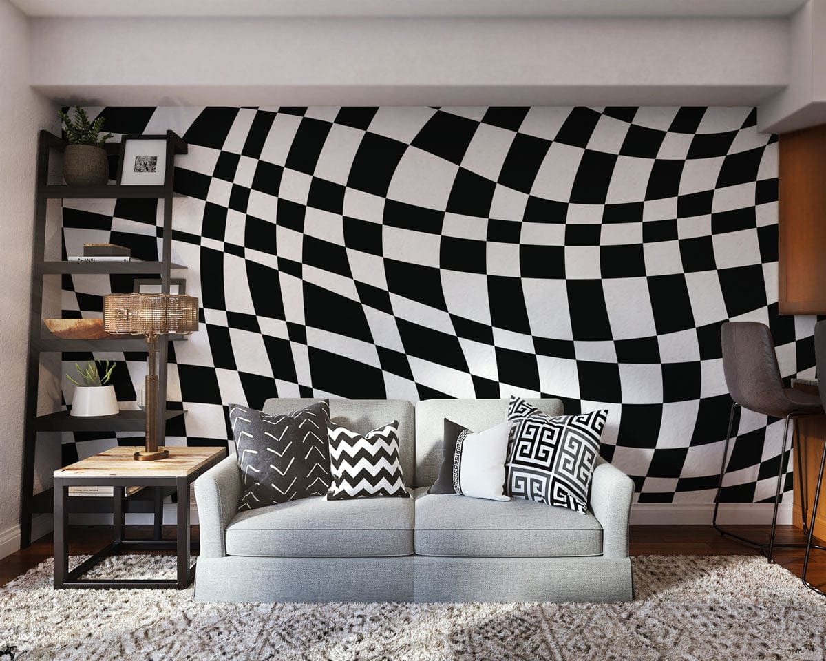 Monochrome wavy checkered wallpaper in modern living room with grey sofa and dark wood flooring.