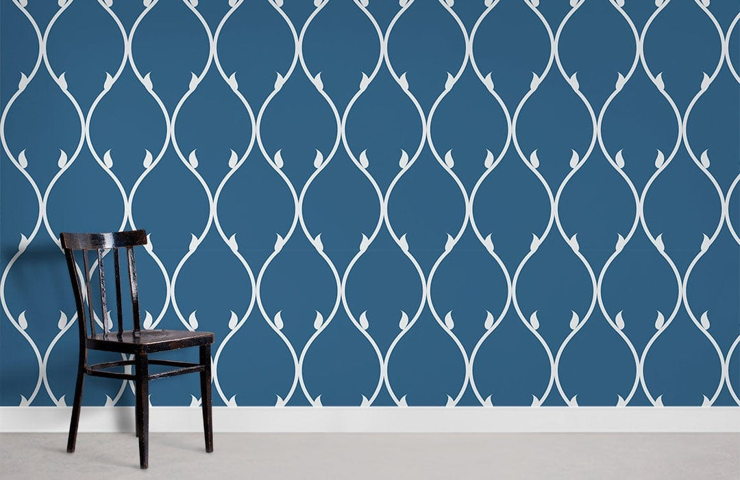 Elegant geometric wallpaper, blue and white design, in contemporary interior with dark wood chair, minimalist style.