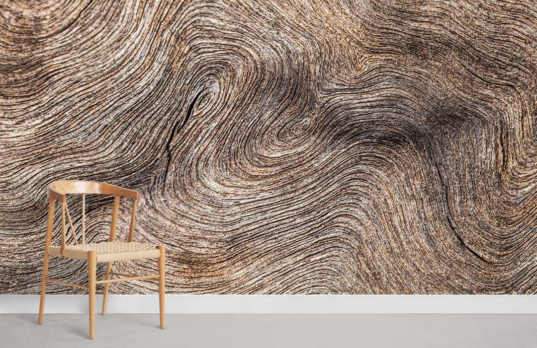 Rustic wood grain texture wallpaper, earthy brown design, Nordic chair, grey flooring, minimalist room.