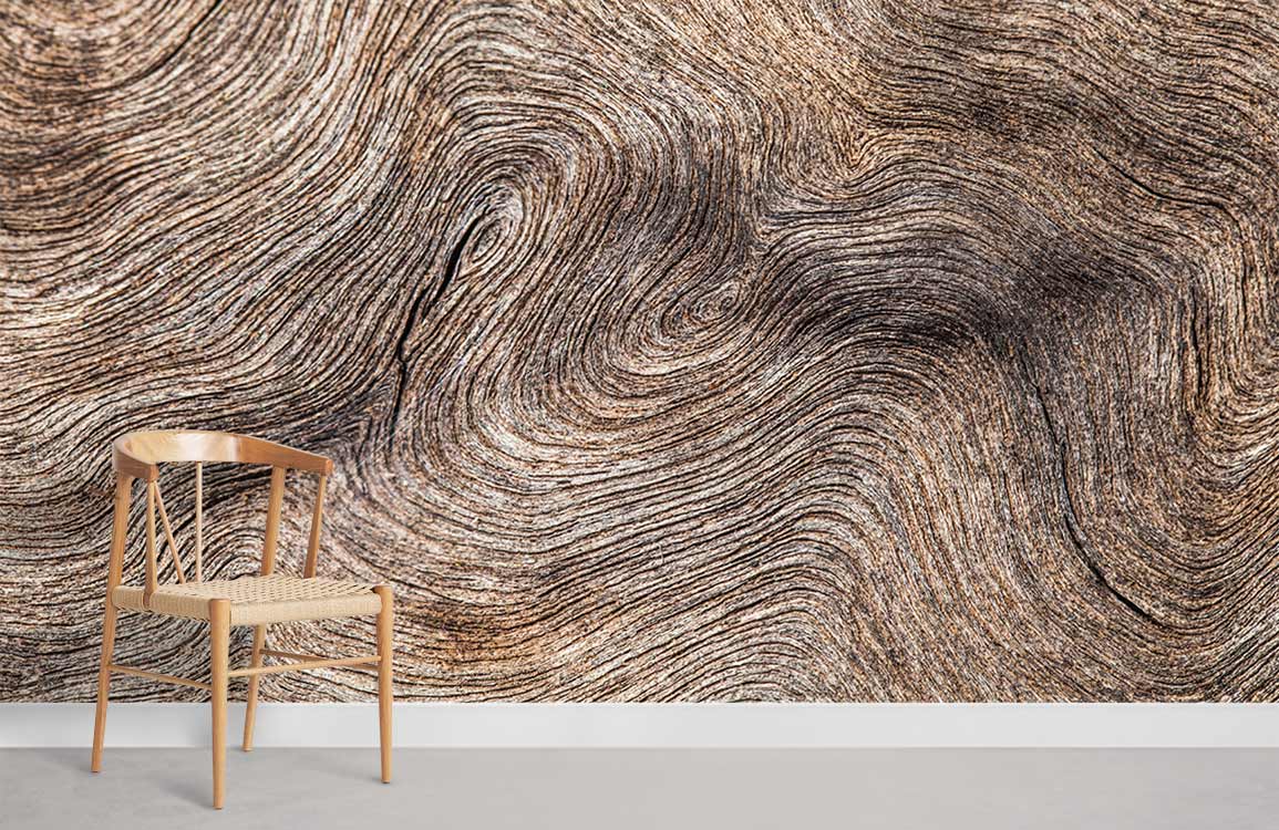 Rustic wood grain texture wallpaper, earthy brown design, Nordic chair, grey flooring, minimalist room.