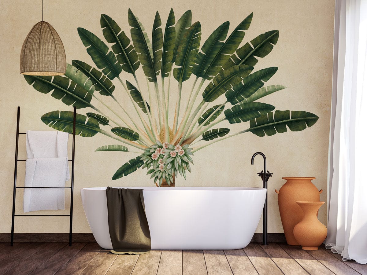 Vintage Tropical Palm Tree Wallpaper, soothing green, beige wall, freestanding bathtub, wooden flooring, bathroom setting.