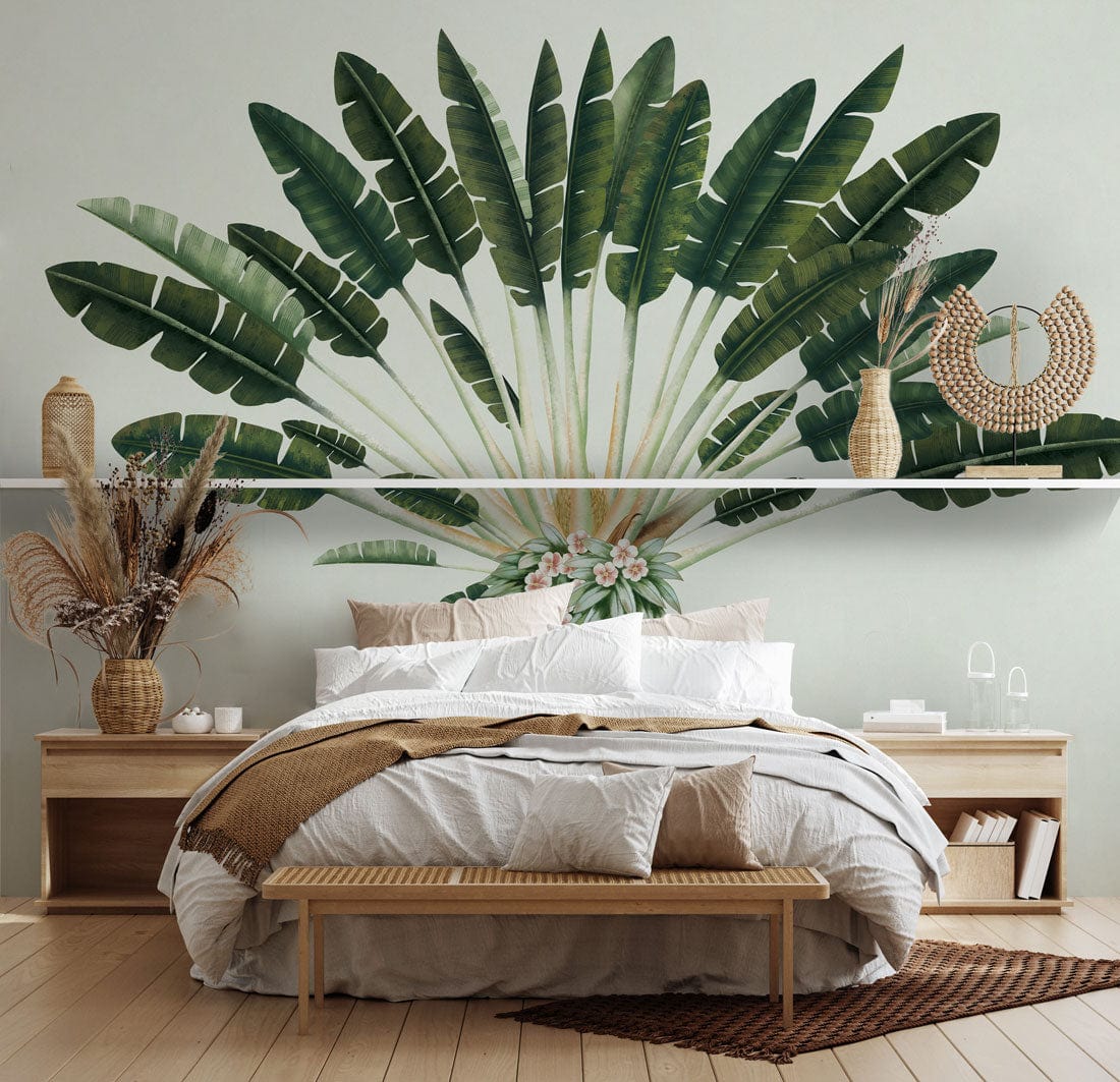 Vintage Tropical Palm Tree Mural Wallpaper in green tones, bedroom setting, wooden furniture, Scandinavian style.