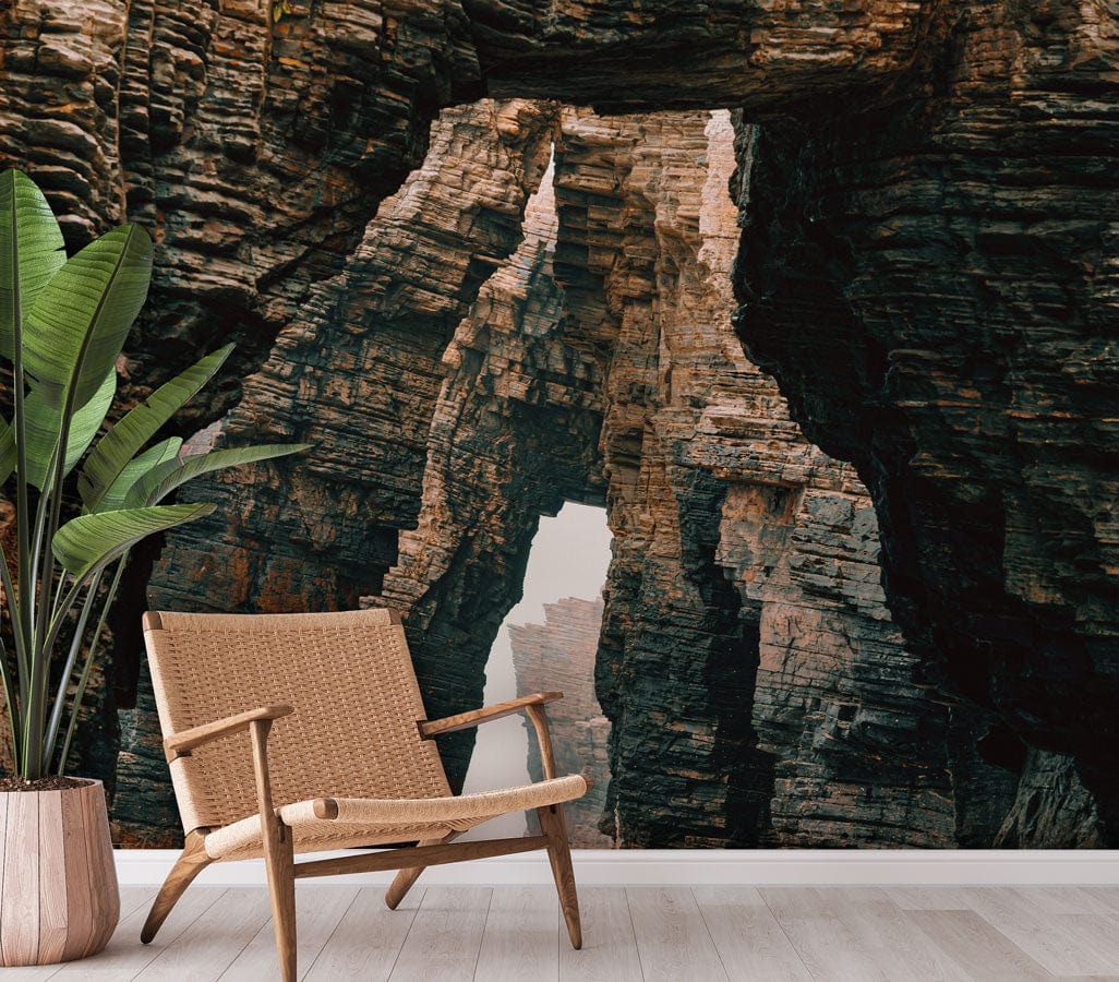 Rustic Rock Formation Mural Wallpaper - Natural Cliff Arches Design