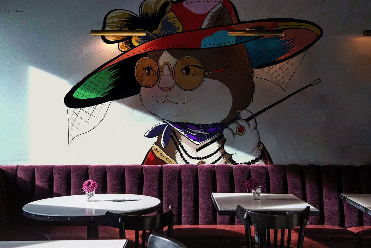 Chic Cat mural wallpaper in vintage style, featuring vibrant hat, complements plush purple seating in café.