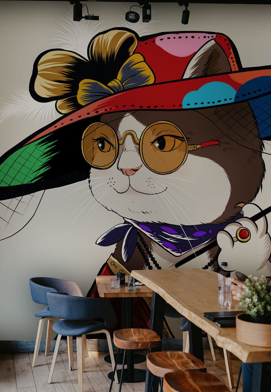 Chic Cat mural wallpaper featuring colourful hat, vintage style; dining room, wooden flooring, modern chairs.