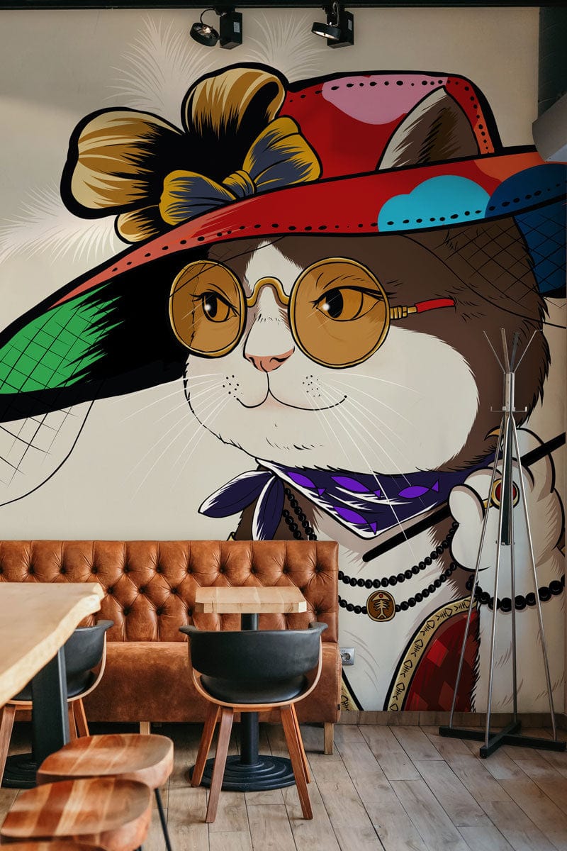 Chic Cat in Colourful Hat Vintage Mural Wallpaper, brown leather sofa, wooden flooring, cafe setting.