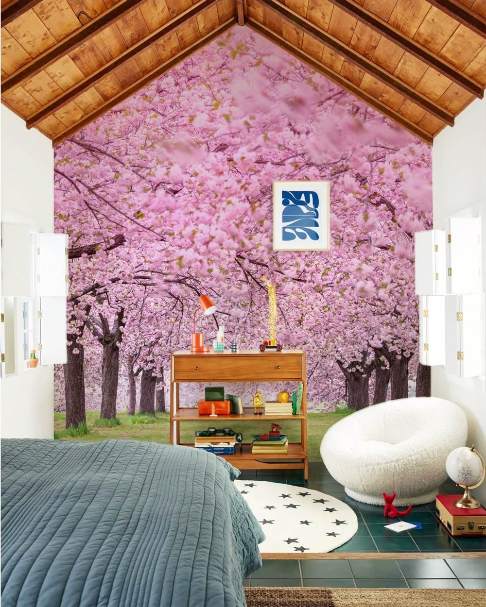Serene mural wallpaper in bedroom, cherry blossoms, wooden furniture, cosy chair, tiled floor, star rug.