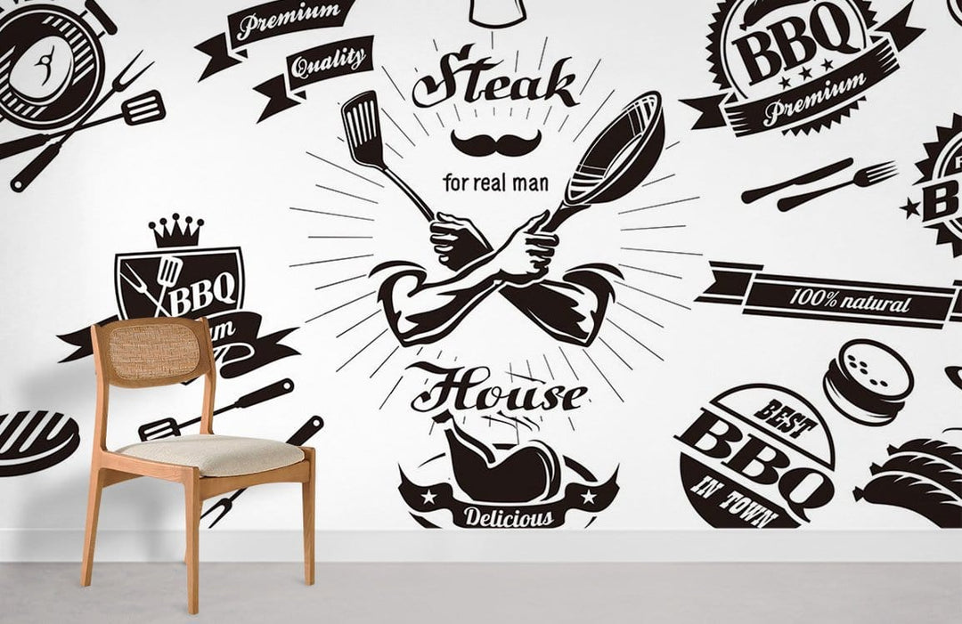 Vintage BBQ Grill Pattern Wallpaper in a modern kitchen with wooden chair, white wall, grey flooring.