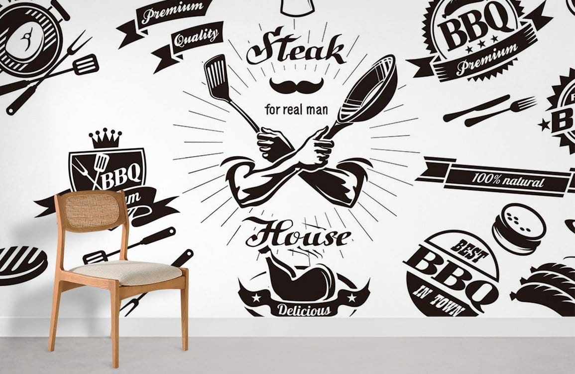 Vintage BBQ Grill Pattern Wallpaper in a modern kitchen with wooden chair, white wall, grey flooring.