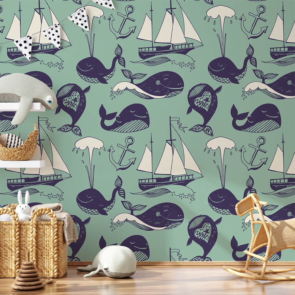Vintage nautical pattern wallpaper in teal and navy, children's playroom setting with wicker basket decor.