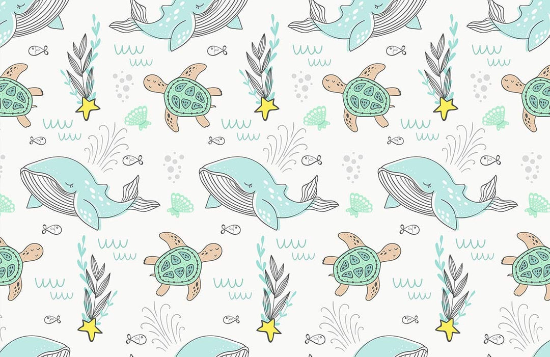 Sea Life Adventure Kids' Wallpaper: Whales & Turtles in Pastel Hues
