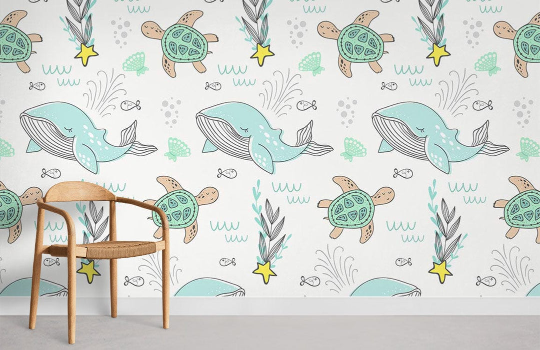 Sea Life Adventure Kids' Wallpaper featuring whales and turtles with wooden chair, pastel room decor.