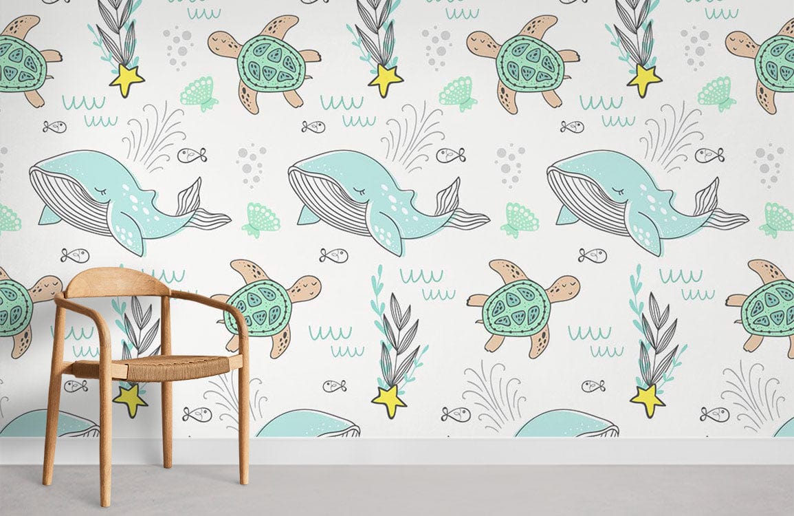 Sea Life Adventure Kids' Wallpaper featuring whales and turtles with wooden chair, pastel room decor.