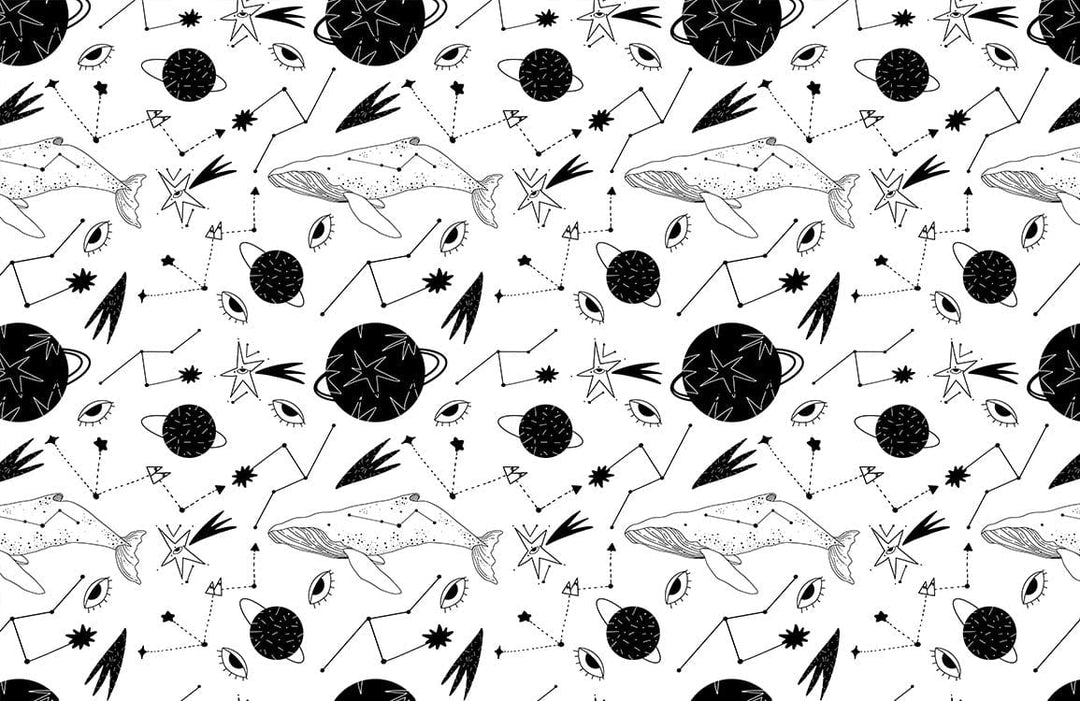 Monochrome Cosmic Whale Patterned Wallpaper - Contemporary Black and White Design