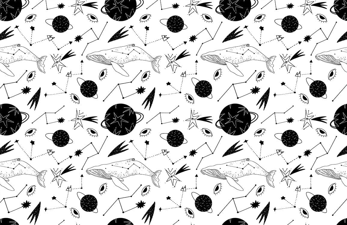 Monochrome Cosmic Whale Patterned Wallpaper - Contemporary Black and White Design