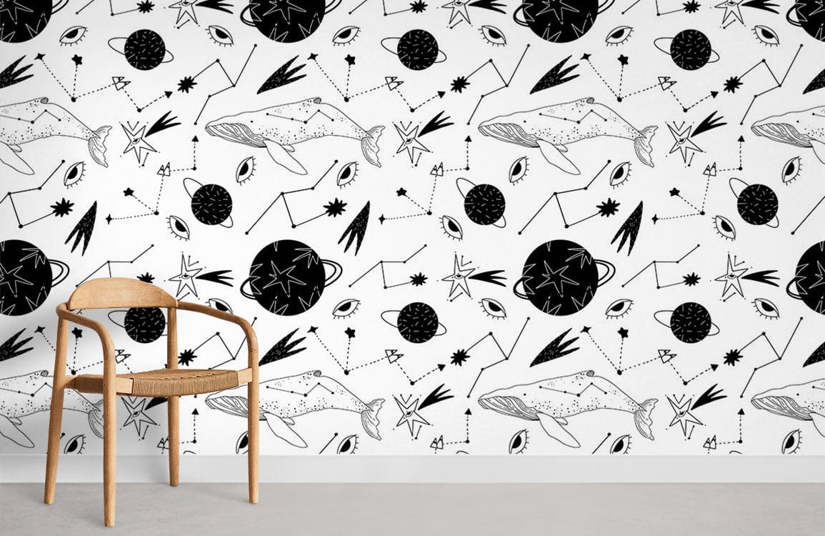 Monochrome Cosmic Whale Wallpaper in living room with wooden chair, modern black and white design.