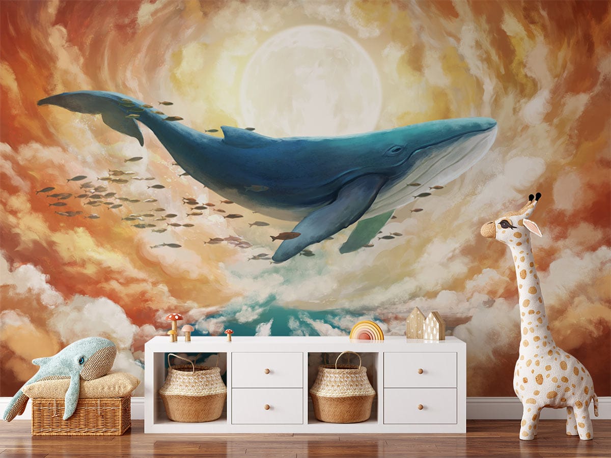 Majestic Whale mural wallpaper with pastel sky in cosy children's room, white storage, wooden floor.