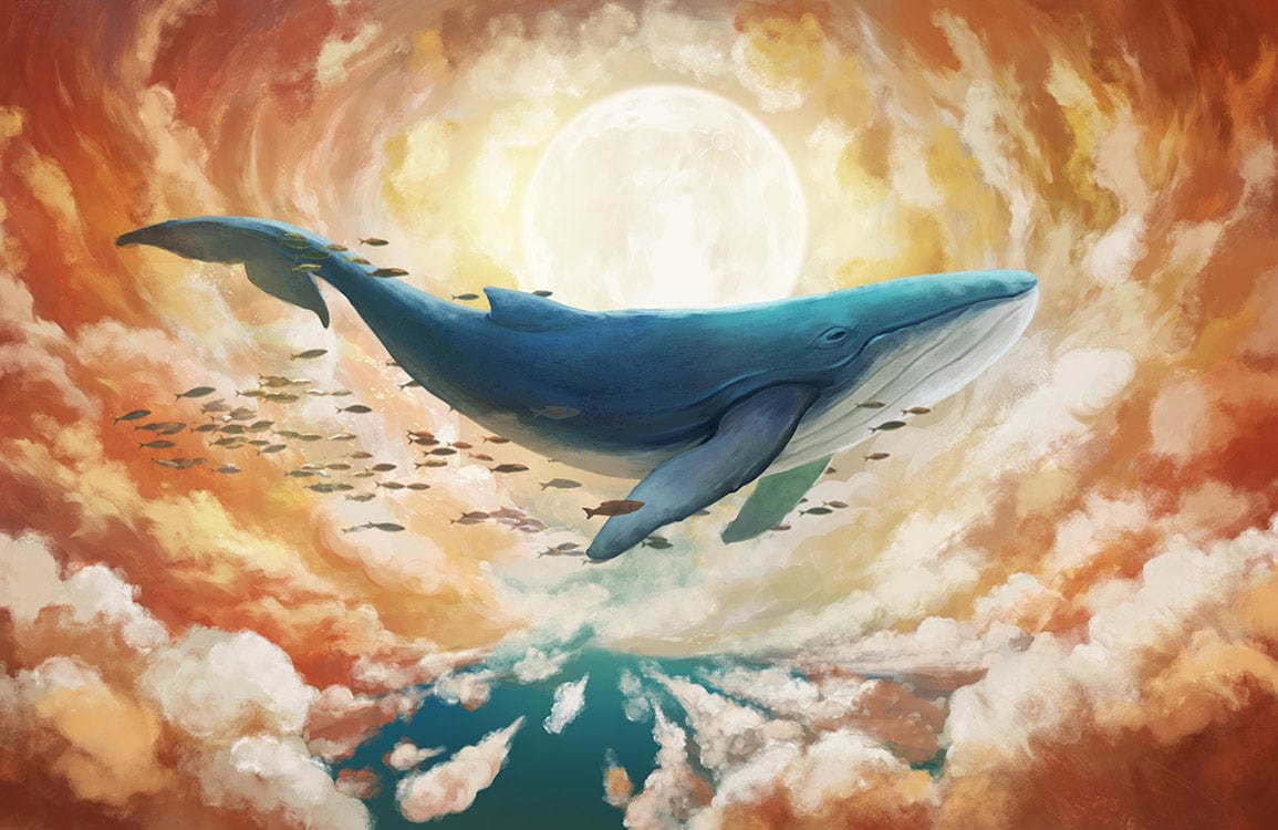 Majestic Whale and Sunlit Sky Mural Wallpaper in Vibrant Pastel Colours