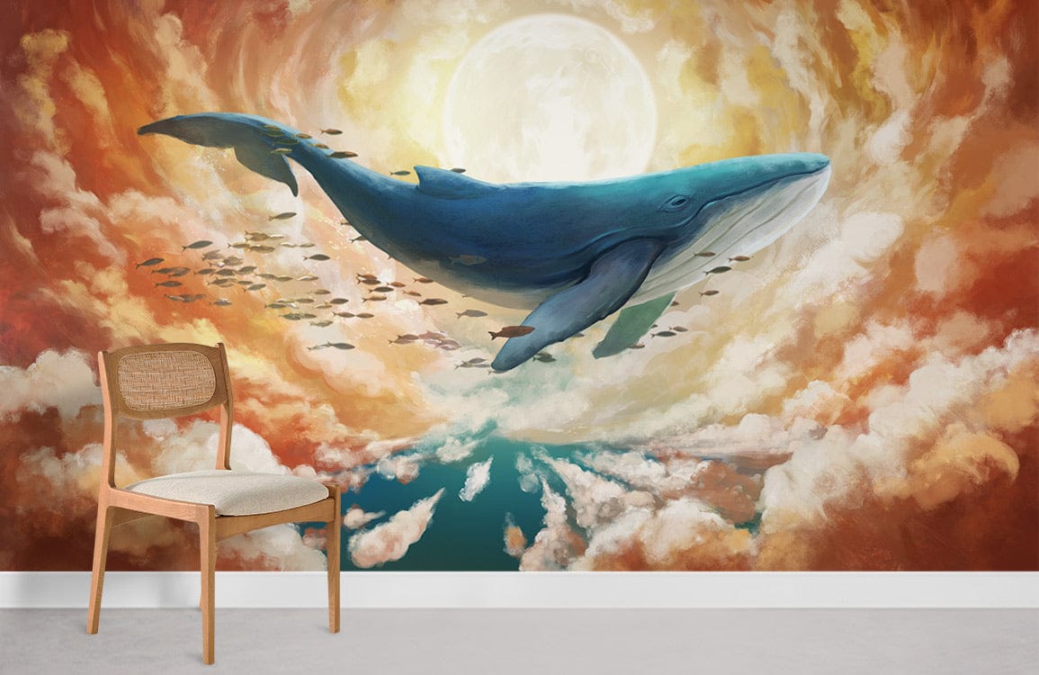 Vibrant whale mural wallpaper with sunlit sky, wooden chair, orange accents, white flooring in living room.