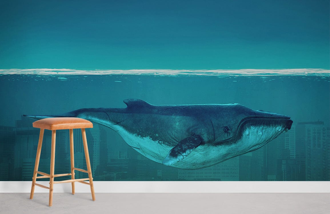 Majestic Blue Whale Mural Wallpaper in urban room, wooden stool, concrete flooring, urban theme.