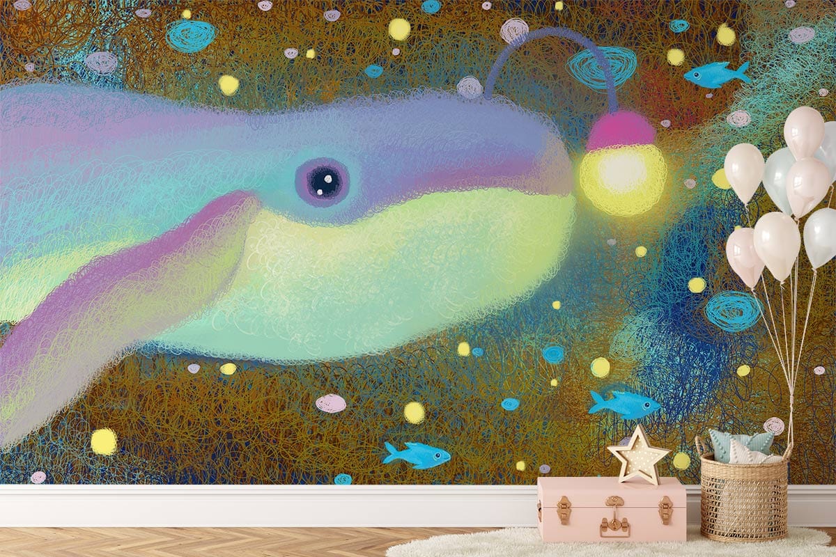 Whimsical pastel mural with rainbow fish, wooden flooring, children's room, pink chest, balloons.