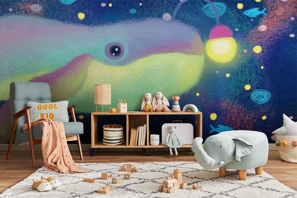 Whimsical anglerfish mural in pastel hues, children's playroom decor, with cosy armchair and wooden flooring.