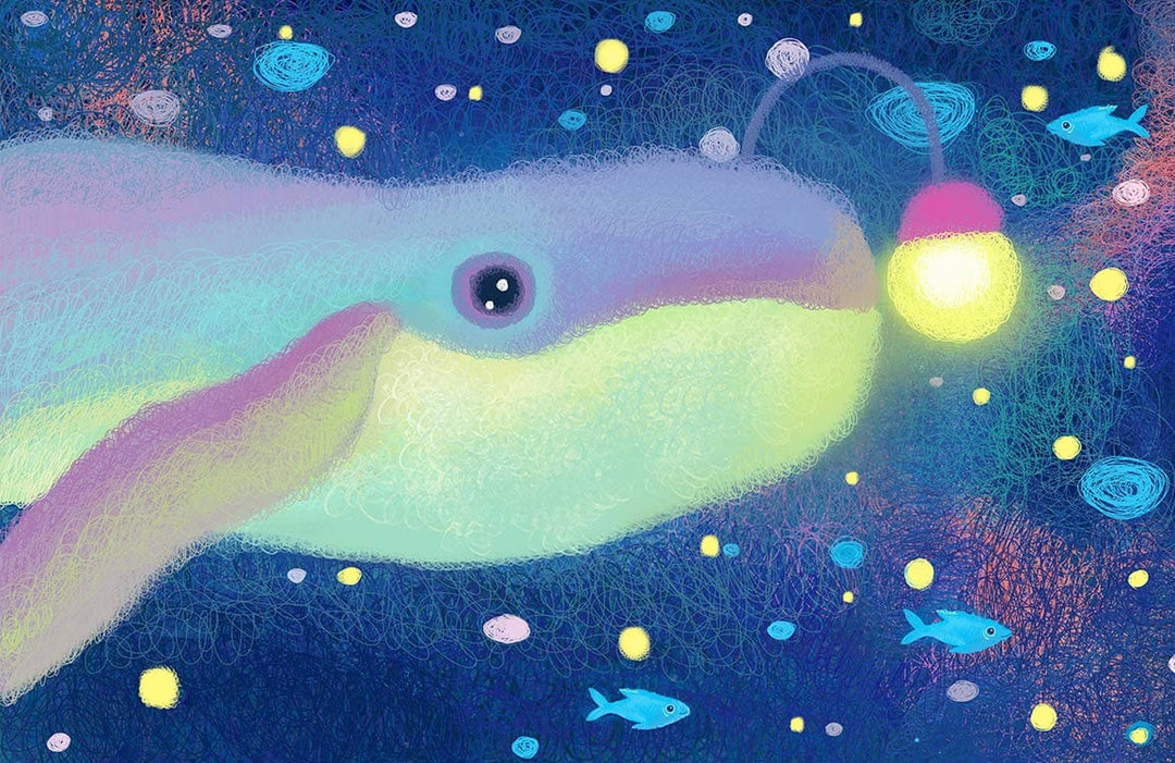 Underwater Glow: Whimsical Anglerfish Mural in Vibrant Pastel Shades