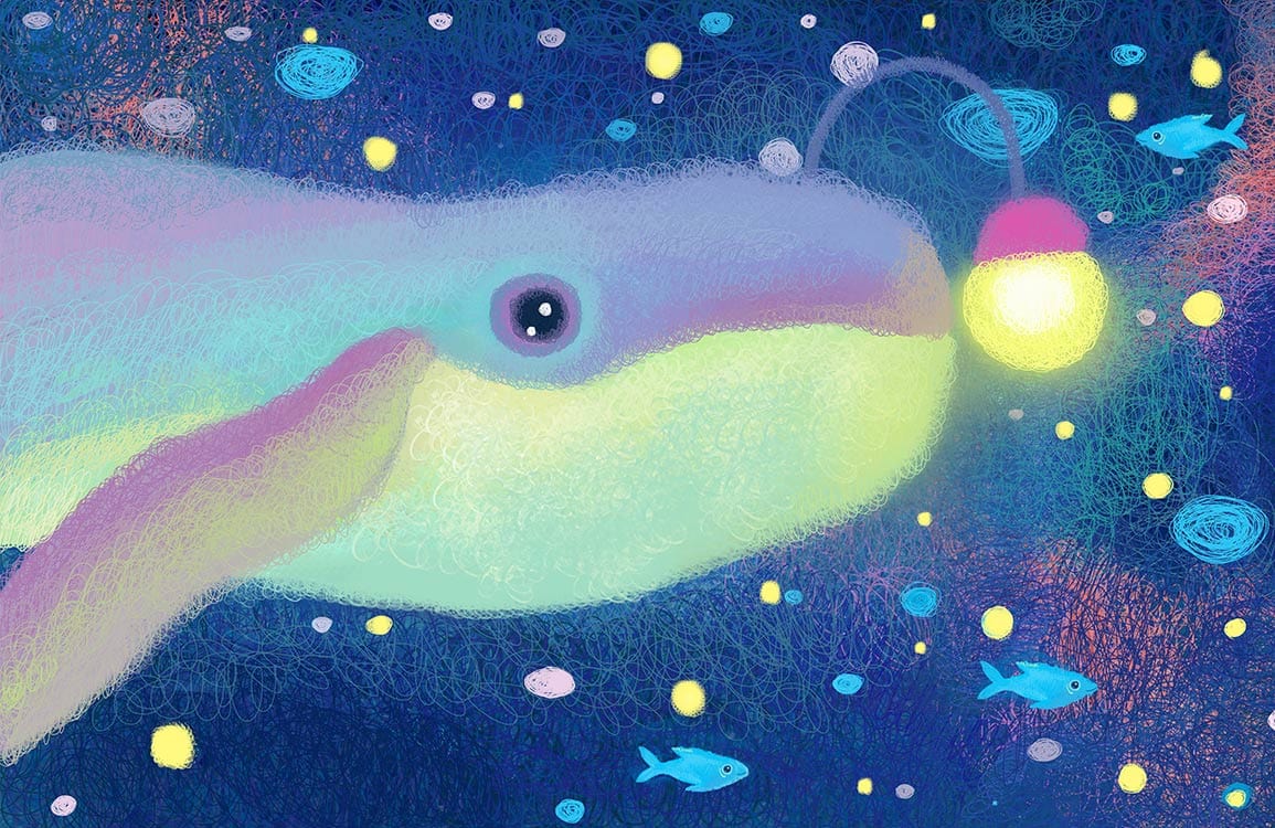 Underwater Glow: Whimsical Anglerfish Mural in Vibrant Pastel Shades