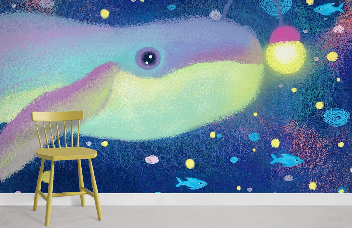 Whimsical anglerfish mural in vibrant pastels, yellow chair, grey flooring, Underwater Glow wallpaper.