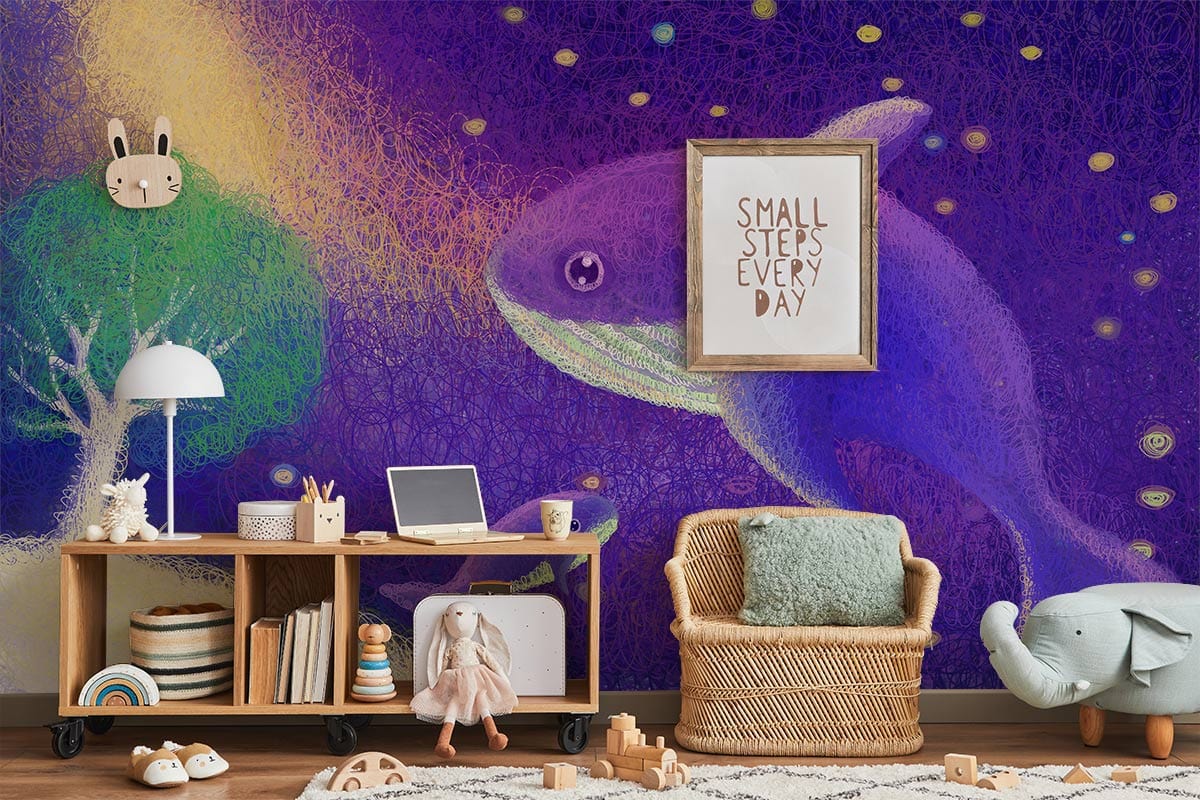 Children's room with Whimsical Ocean Dreamscape Mural Wallpaper, wicker chair, wooden flooring, and playful decor.