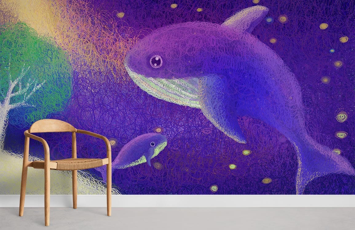 Whimsical Ocean Dreamscape Mural Wallpaper, purple and green design, wooden chair, contemporary room decor.