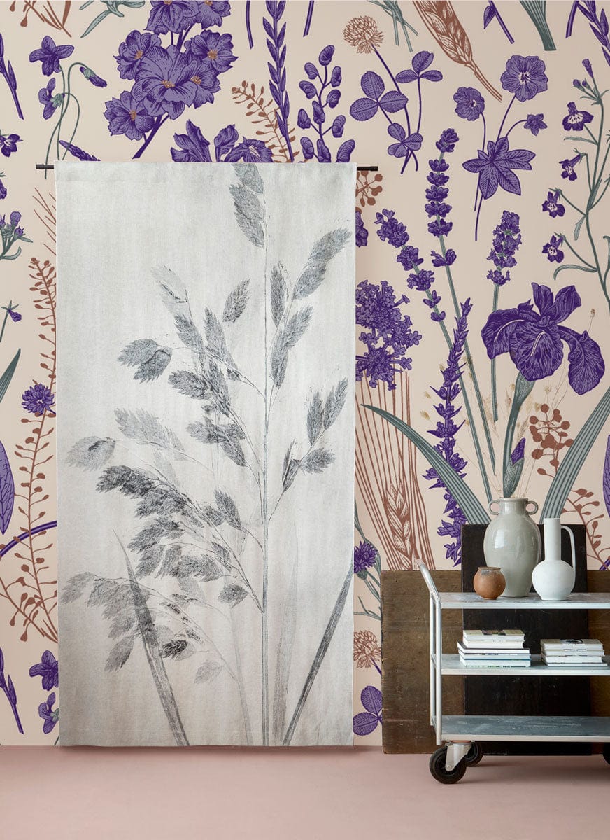 Botanical Elegance purple floral wallpaper enhances stylish interiors; beige floor, decorative vases, stylish decor.