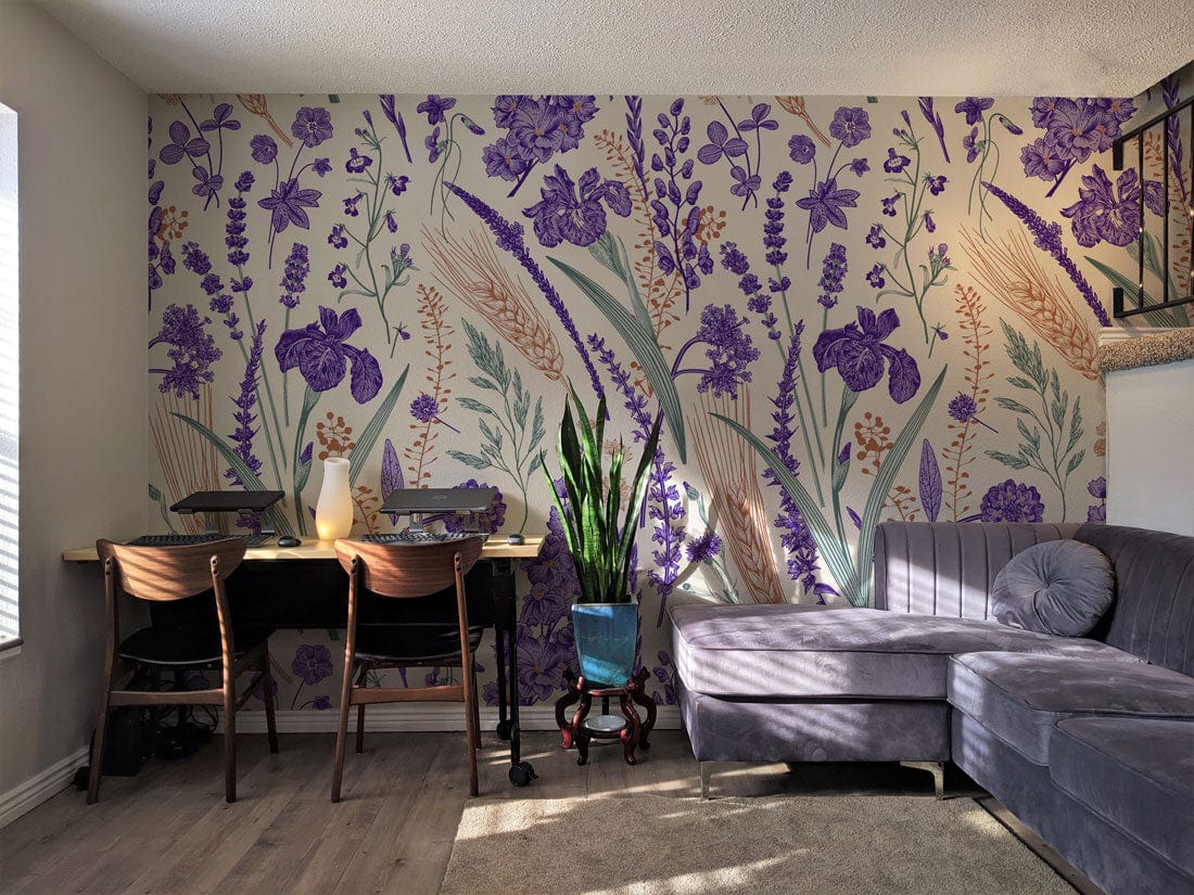Botanical Elegance wallpaper with purple floral pattern adorns stylish living room, grey sofa, wooden flooring.