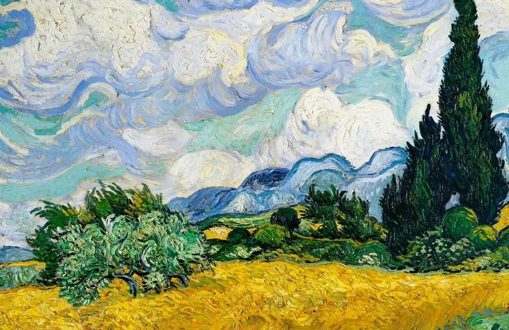 Vibrant Impressionist Landscape Mural Wallpaper: Green, Blue, and Golden Fields